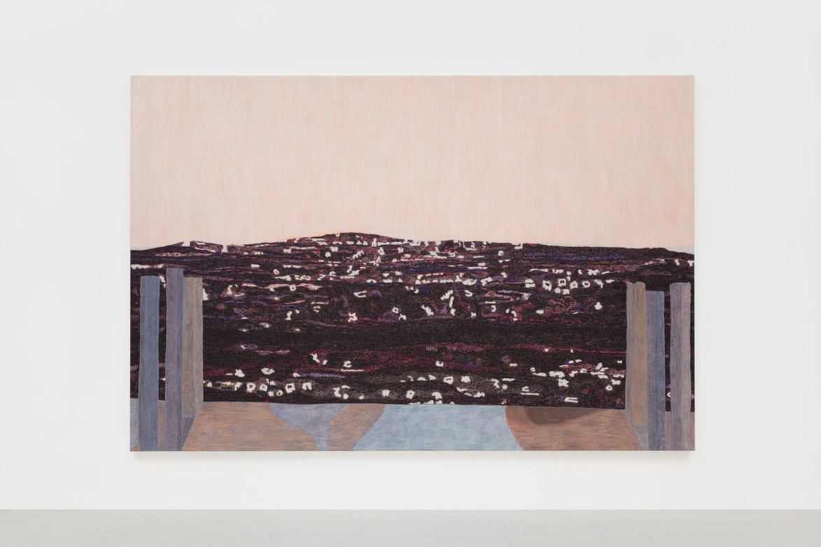 Abstract landscape painting with layered textures and muted earth tones depicting a horizon and vertical structures in foreground.