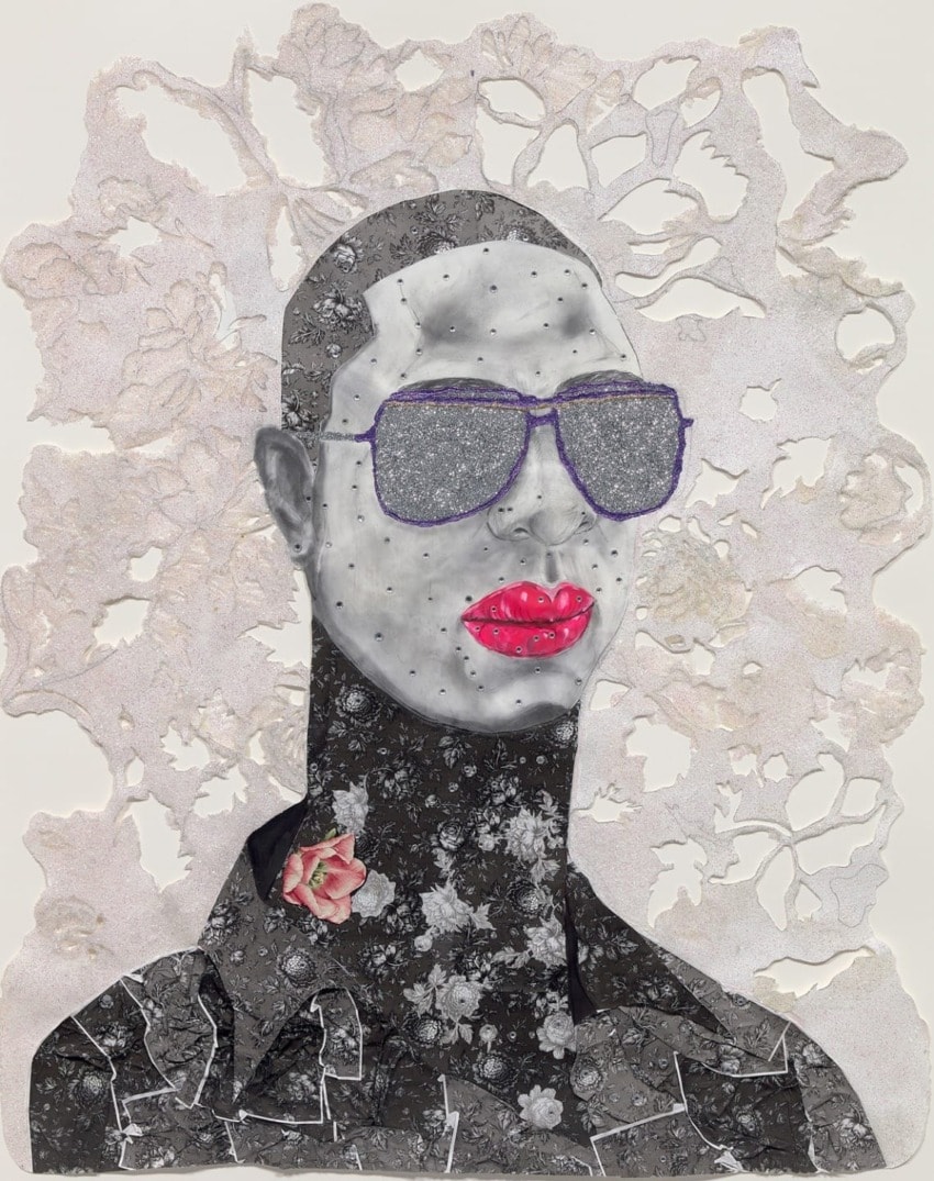 Collage artwork of a person with sunglasses, bold red lips, floral texture, and lace-like background.