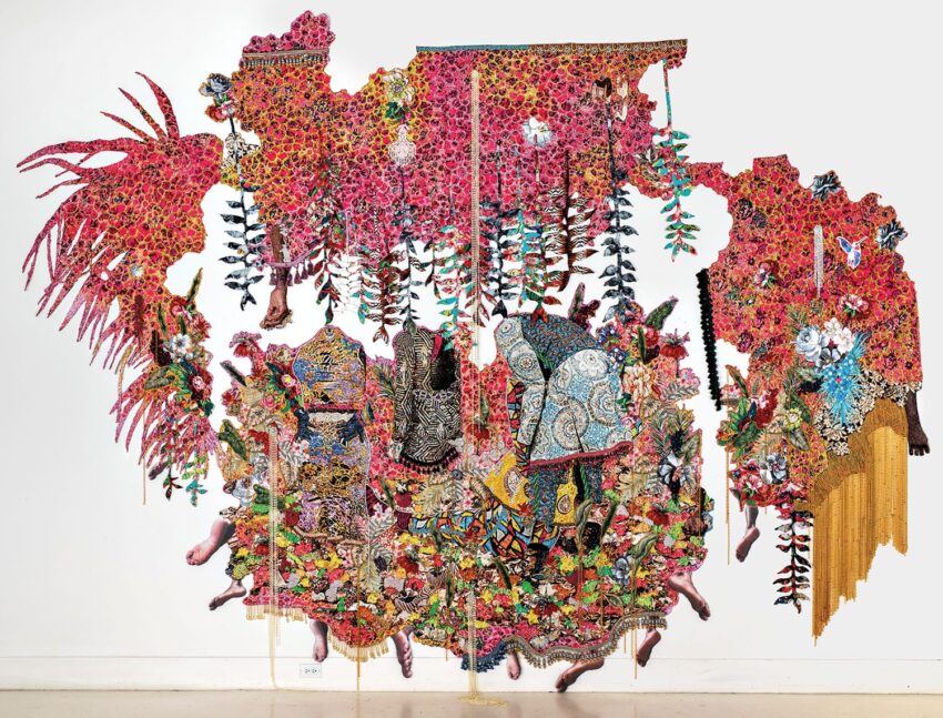 Colorful, intricate textile art with floral patterns and various textures displayed on a white background.