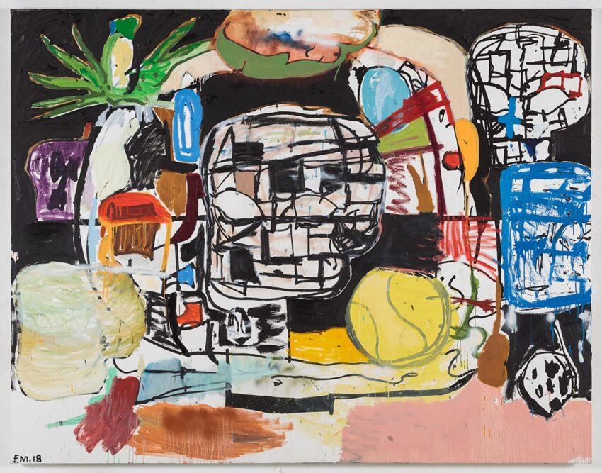 Abstract painting with bold colors and geometric shapes, featuring a mixture of organic and structured forms on a textured background.