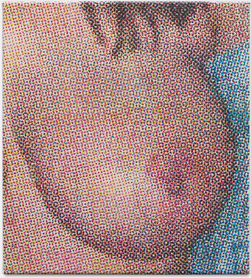 Colorful abstract artwork composed of numerous small dots forming a close-up image of overlapping circular shapes.