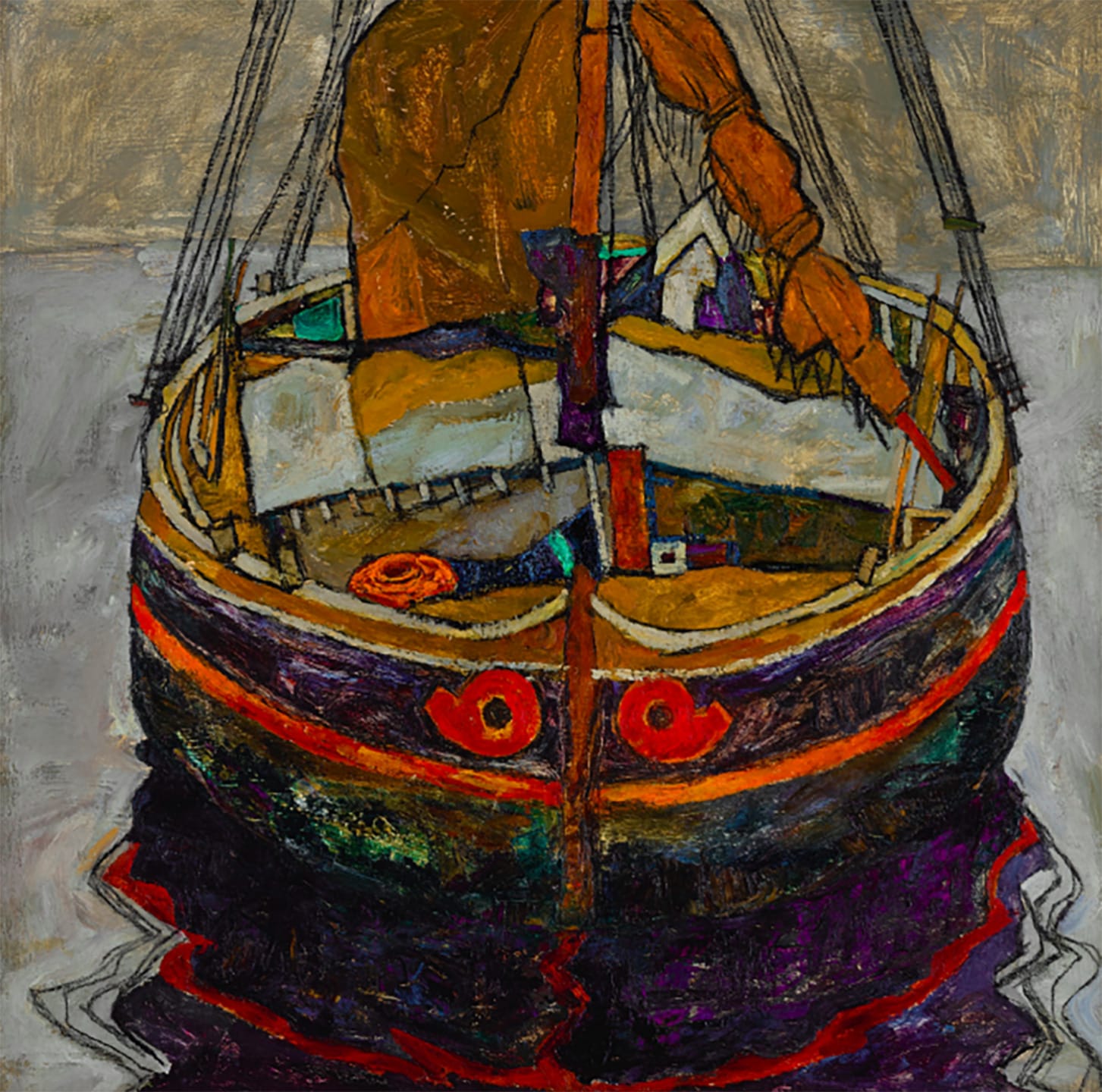Painting of a colorful wooden boat with sails, reflected in water, featuring abstract and bold shapes.