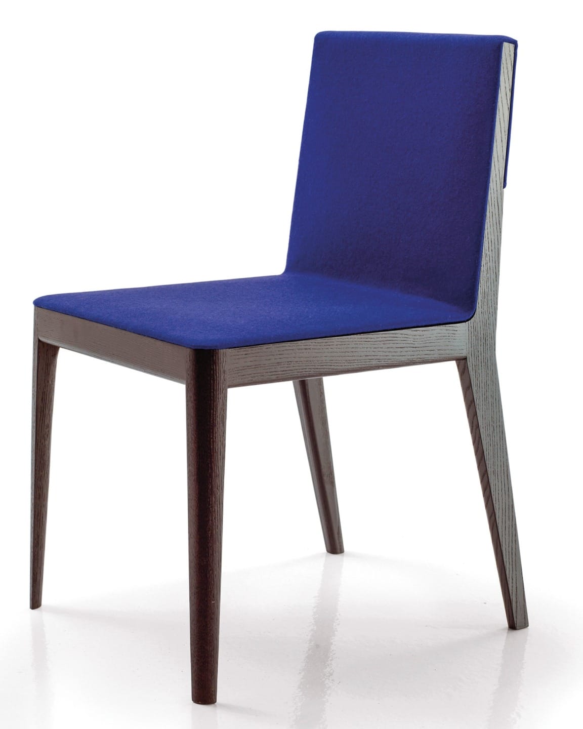 Modern wooden chair with blue cushioned seat and backrest on a white background.