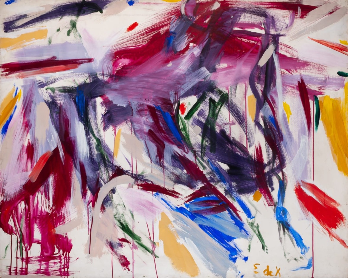 Abstract painting with bold brushstrokes in shades of red, purple, blue, and yellow, creating a dynamic and vibrant composition.