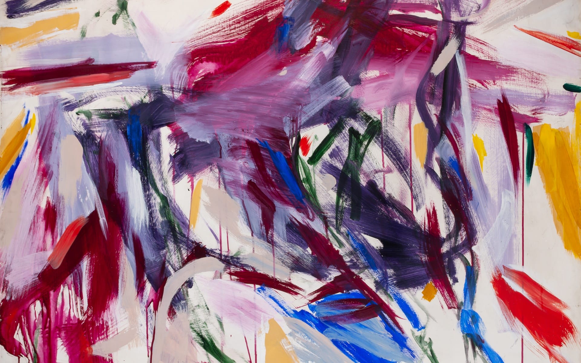 Abstract painting with bold strokes of red, blue, purple, and yellow on a white background, creating a dynamic and vibrant composition.