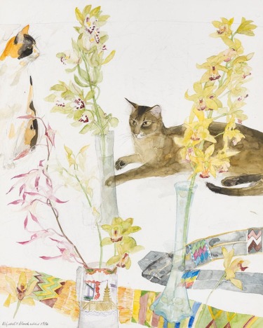 Painting of two cats amidst tall vases with yellow flowers on a patterned surface.