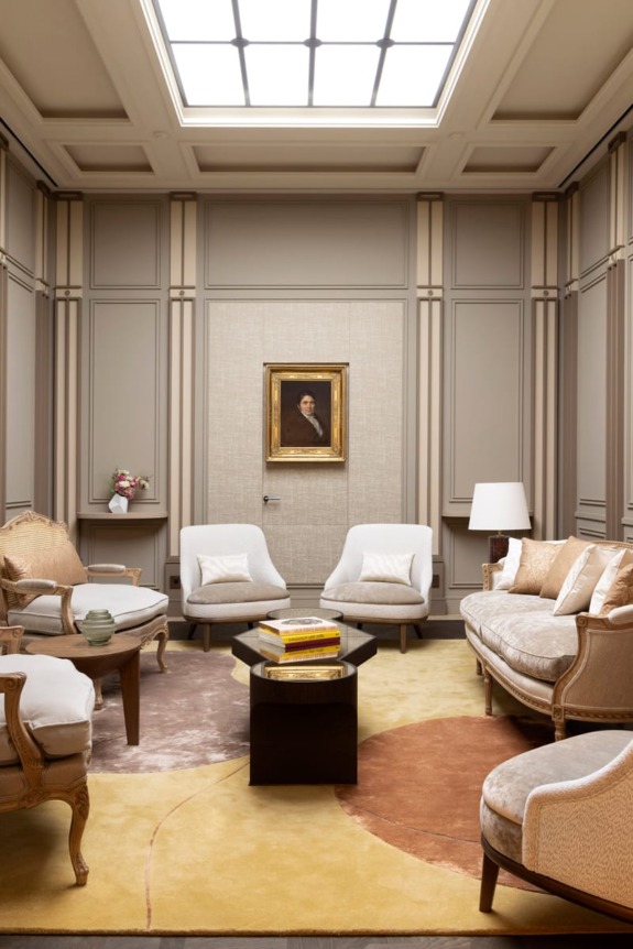 Each room has a unique color assemblage from a palette of colors that were crafted with Cecile Mugler.