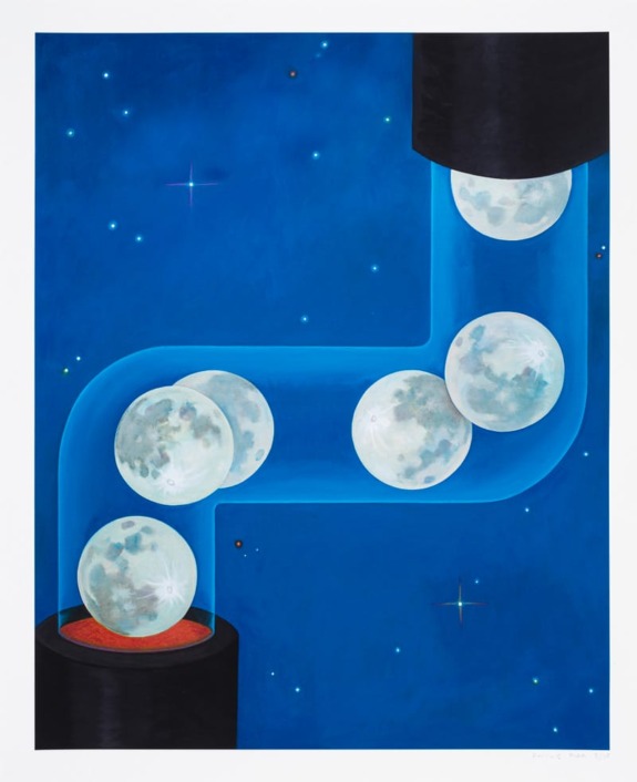 Surreal painting of multiple moons flowing through a blue, pipe-like structure, with a starry night sky background.