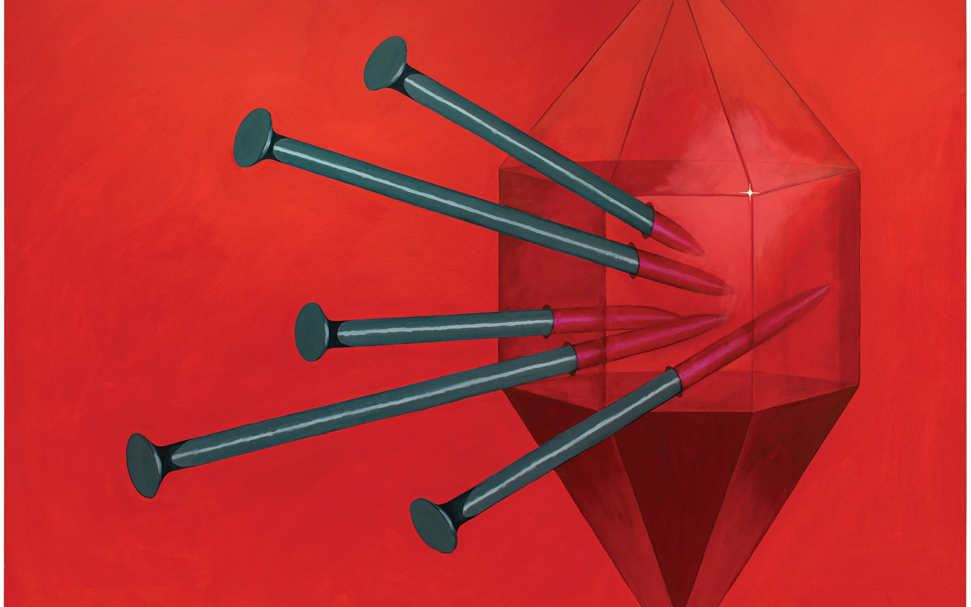Red geometric shape impaled by long black nails on a bold red background, creating a striking visual contrast.