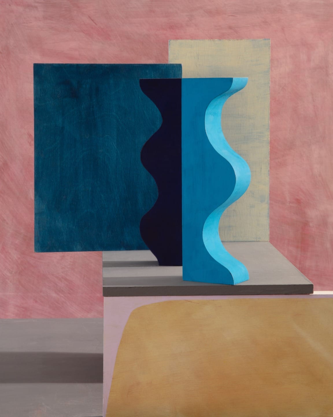 Abstract geometric painting with wavy shapes, blue and beige rectangles, set against a pink and gray background.