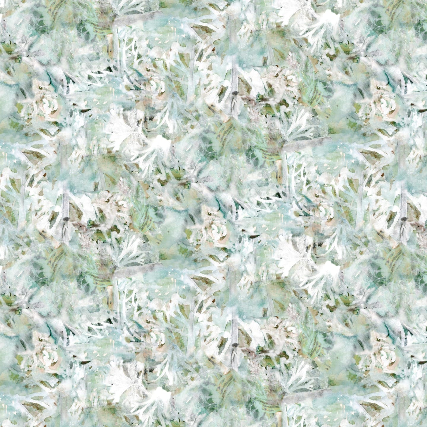 Abstract watercolor pattern with soft green, white, and beige tones, featuring floral and leaf-like shapes blending seamlessly.