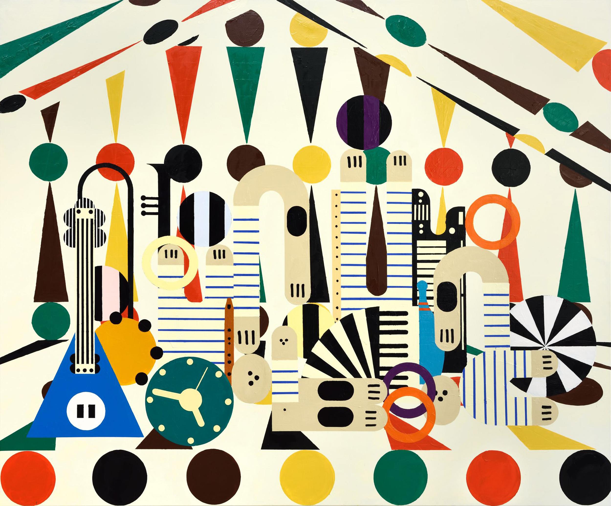 Abstract geometric artwork with colorful shapes like triangles, circles, and lines arranged in a dynamic composition.