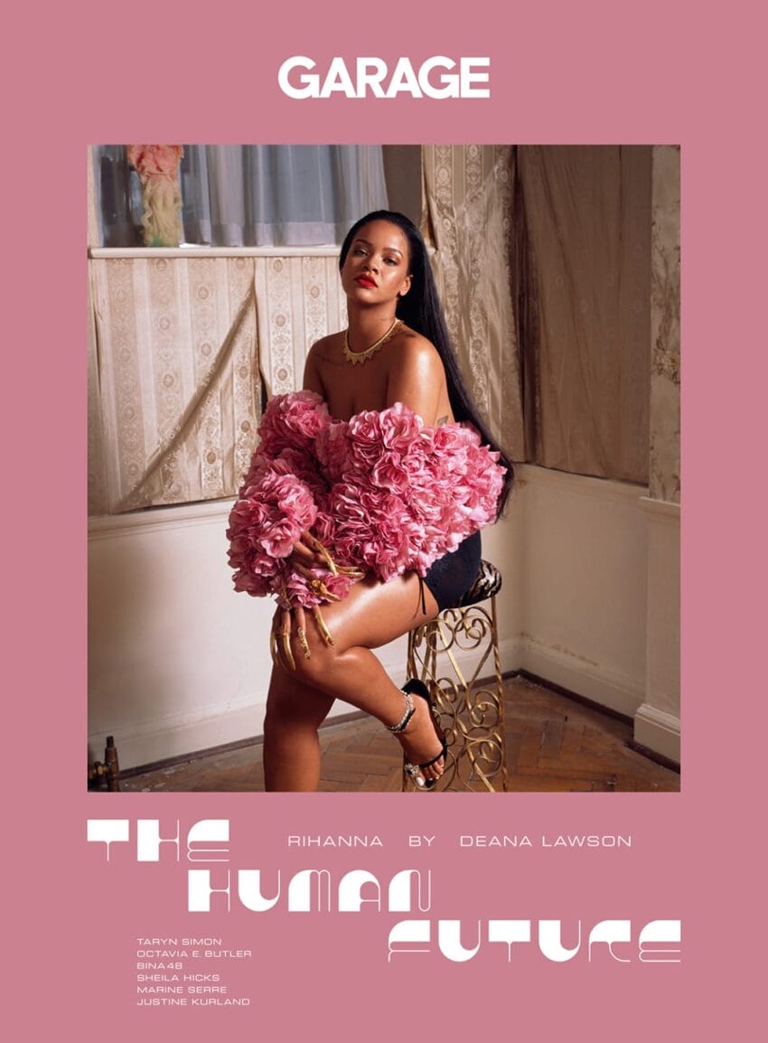 Magazine cover featuring a person sitting on a chair wearing a pink floral dress with the text "The Human Future."
