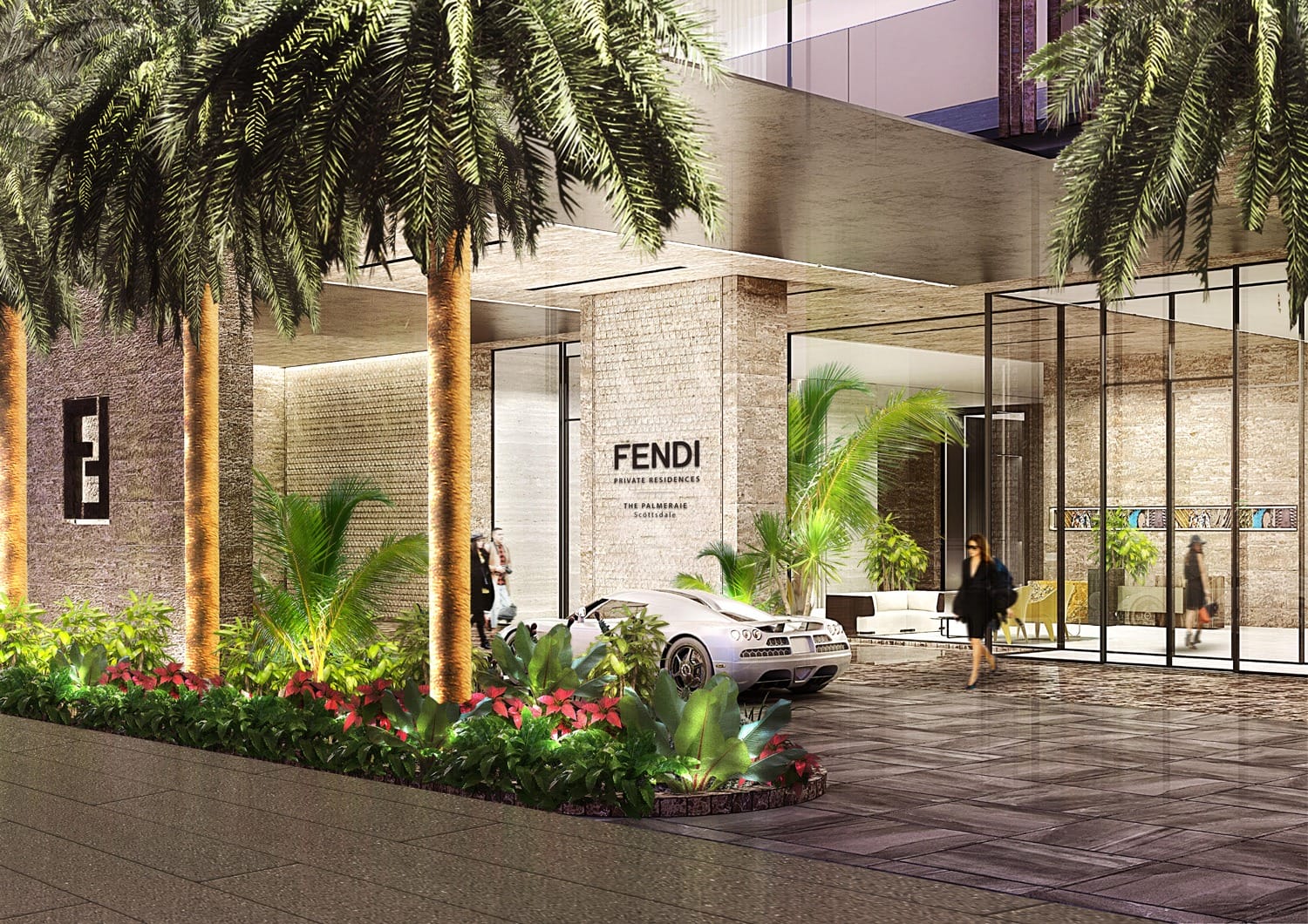 Entrance of a luxury building with Fendi sign, surrounded by palm trees and plants, with a parked white car in front.