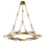 Elegant gold and white chandelier with multiple bulbs, featuring a circular design and decorative chain links.