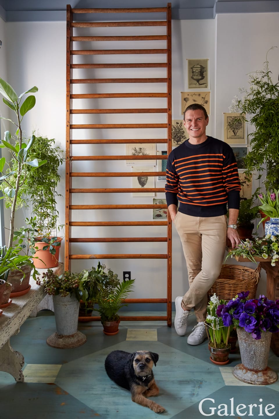 Man smiling indoors next to a wooden ladder, surrounded by green plants and flowers, with a dog sitting on the floor nearby.