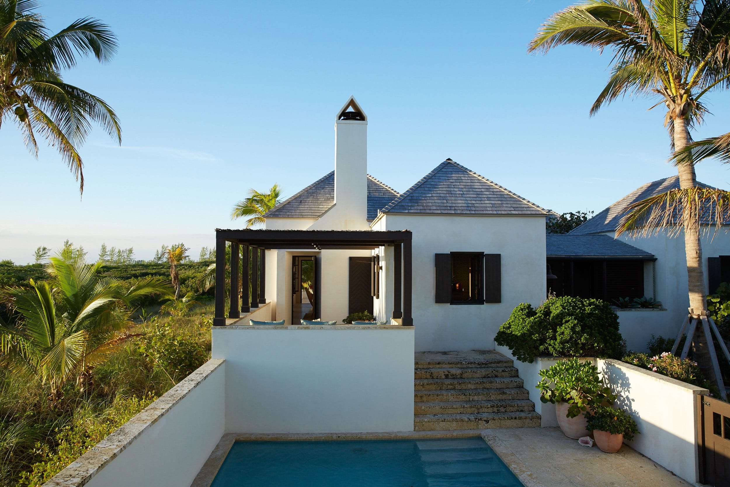 Tropical villa with pool surrounded by palm trees and lush greenery under a clear blue sky in a serene setting.