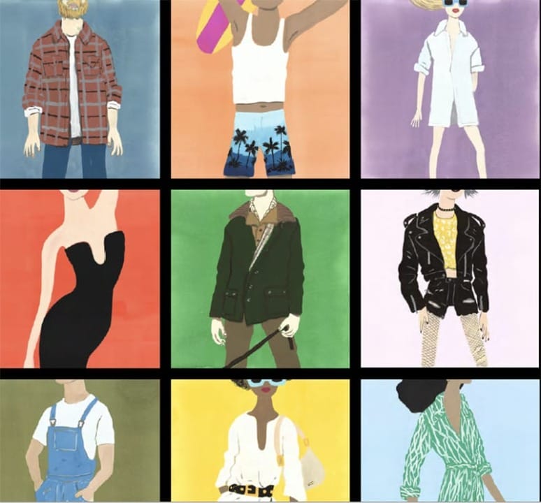 Collage of nine fashion illustrations featuring diverse outfits and styles on colorful backgrounds.