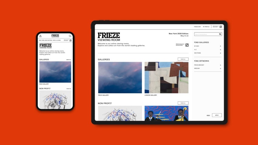 Frieze viewing room displayed on tablet and phone, showcasing online art galleries with various artworks on an orange background.