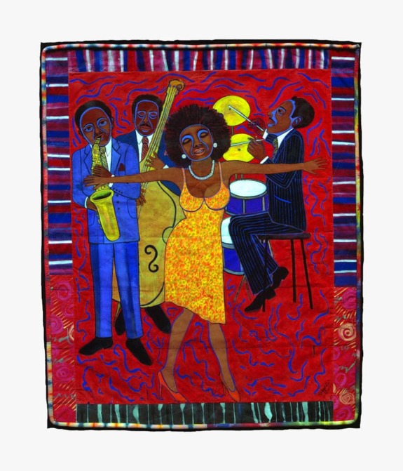 Colorful artwork depicting a jazz band performing with a female singer in a vibrant, patterned setting.