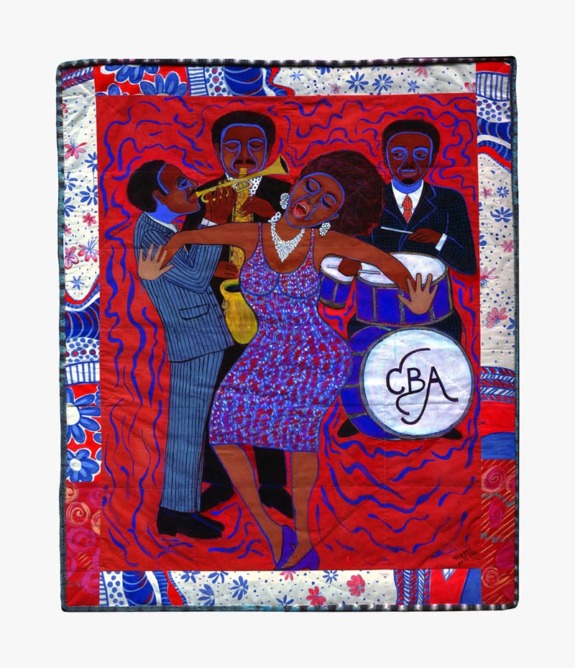 Colorful textile art depicting a lively jazz band with a singer, saxophonist, and drummer, vibrant patterns in the background.