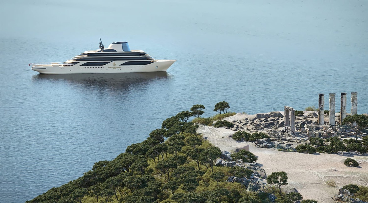 Luxury cruise ship near an ancient ruins site, surrounded by calm blue water and green trees on a sunny day.