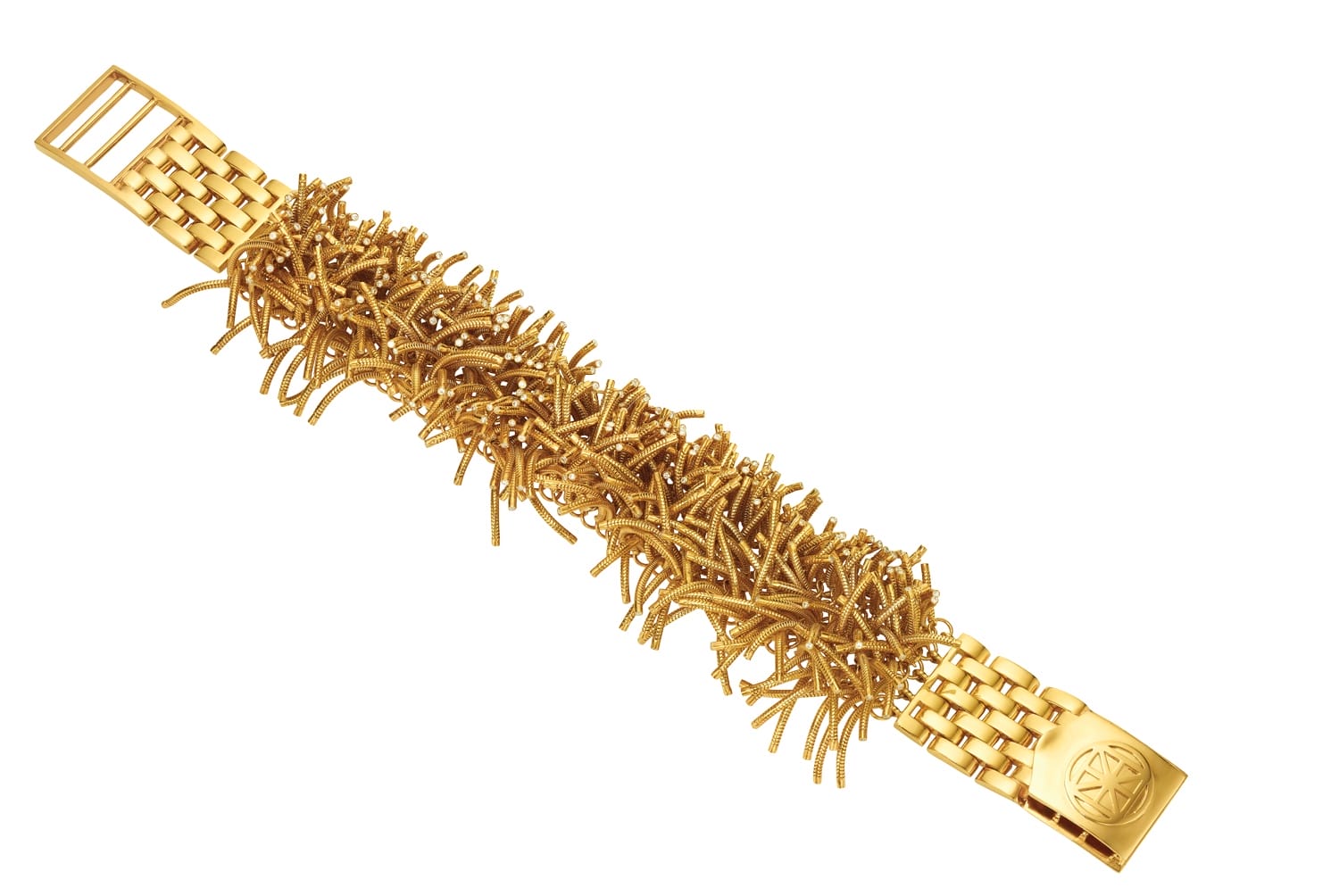 Gold bracelet featuring intricate, twisted wire design on a wide link band, showcasing a mix of elegance and complexity.