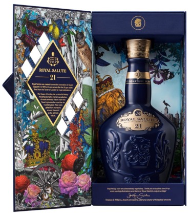 Royal Salute 21-Year-Old whisky bottle in ornate floral box with rich detailing and vibrant colors.