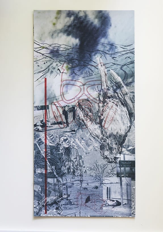 Abstract art with mixed media depicting a chaotic scene with overlapping textures, lines, and shapes in muted colors.