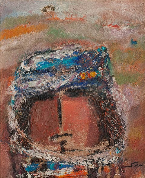 Abstract painting of a figure with bright, textured colors and a blurred background, featuring a prominent headdress.