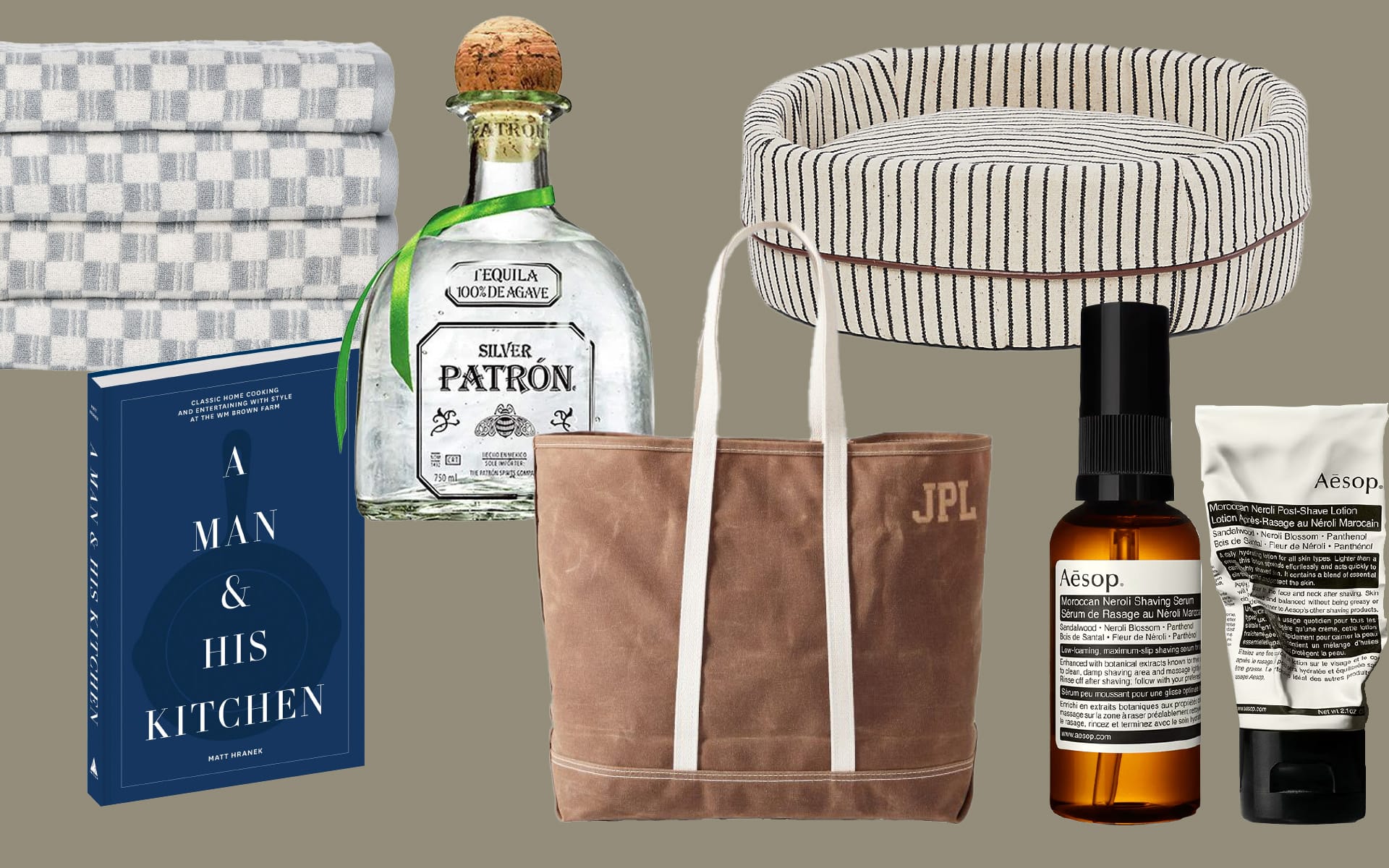 Gift guide featuring a book, tequila, tote bag, dog bed, and skincare products on a neutral background.