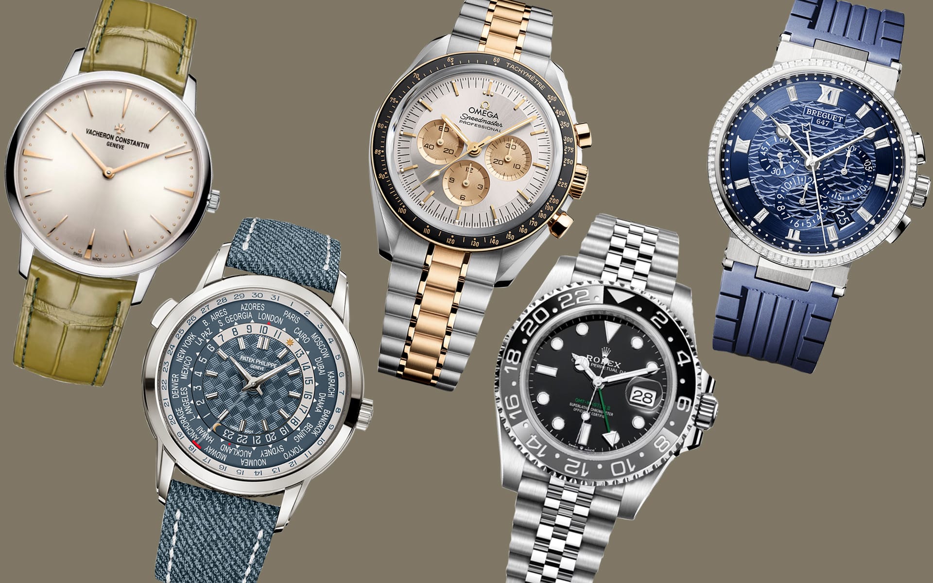 A collection of five luxury wristwatches with different designs and materials displayed on a plain background.