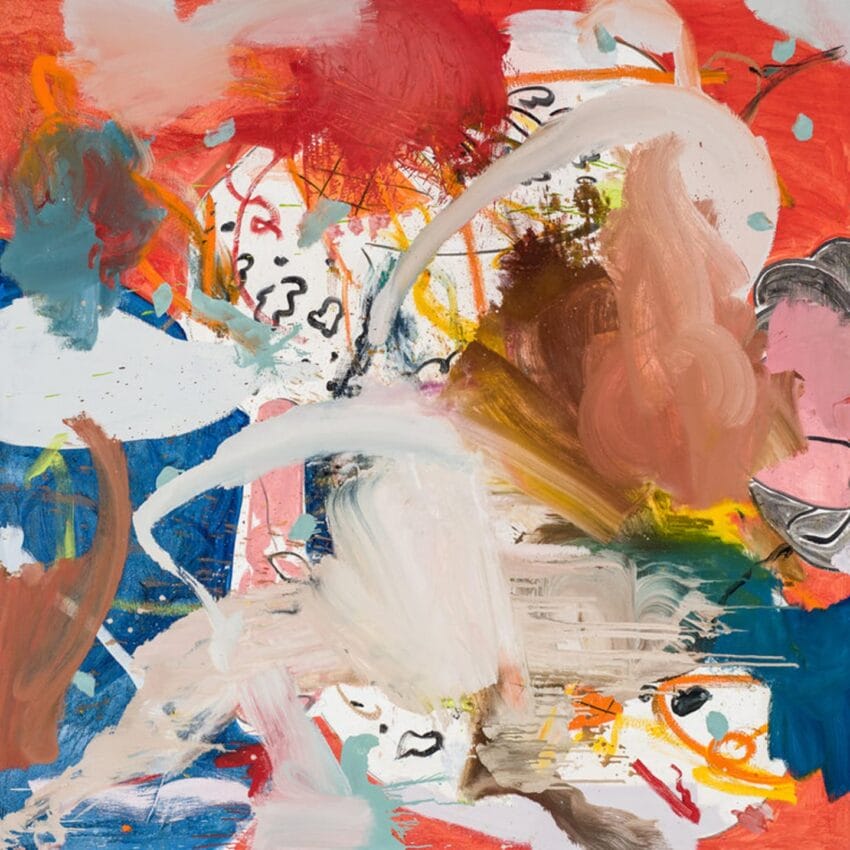 Abstract painting with vibrant colors and bold brushstrokes, featuring red, blue, white, and brown hues in a chaotic arrangement.