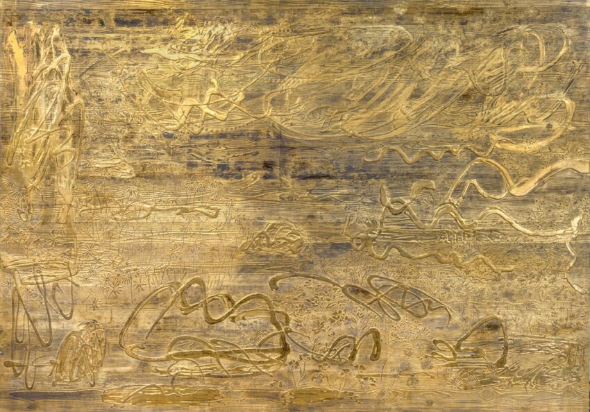 Abstract golden artwork with swirling lines and textured surface, creating a dynamic and intricate visual effect.