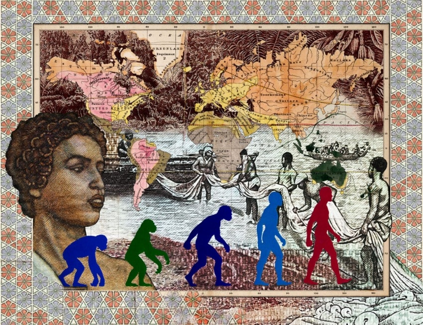 Collage of evolution stages, world map, diverse figures, and historical illustrations in vibrant colors.