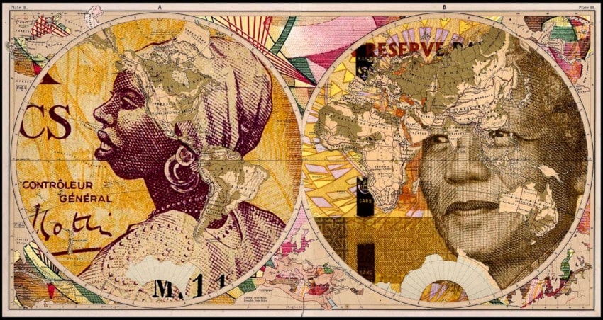 Two globe illustrations overlaying maps featuring a woman with headscarf and an older man, both depicted on currency-style designs.
