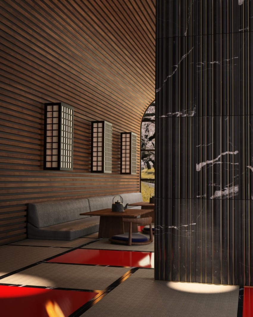 Modern interior with wooden walls, minimalist furniture, tea set on table, and large window showcasing outdoor scenery.