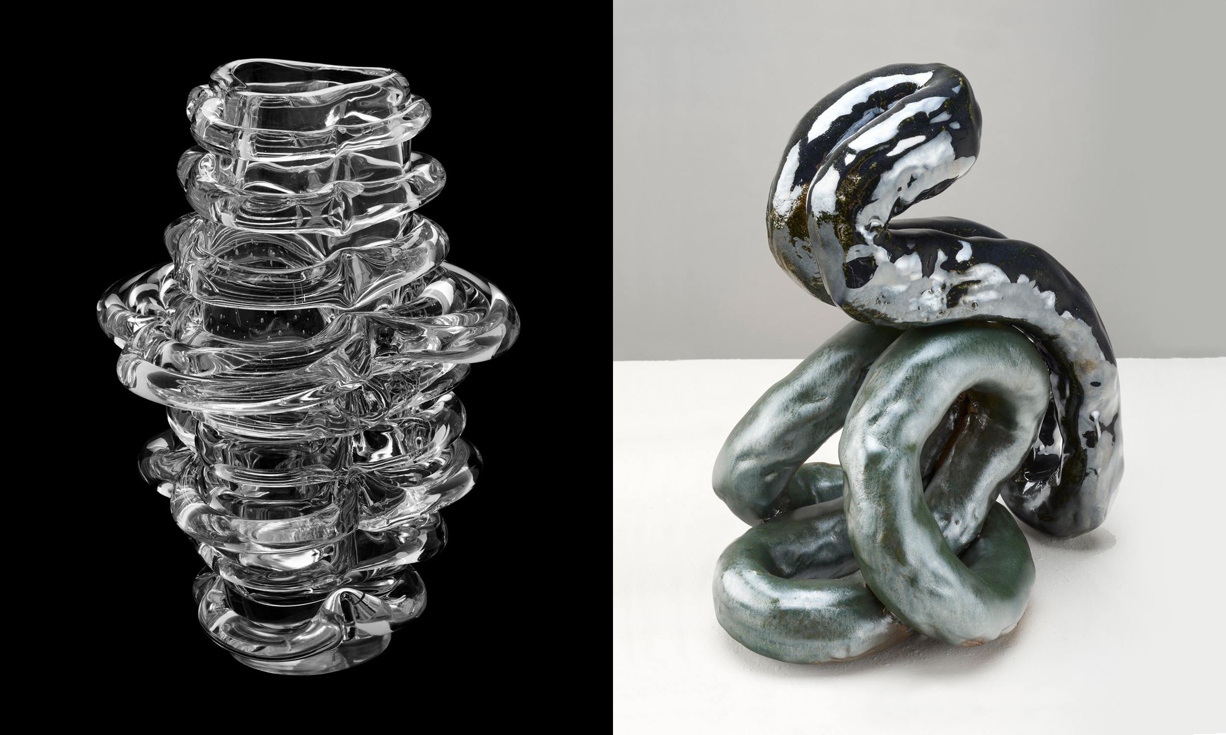 Abstract glass sculpture on black background and a ceramic sculpture with intertwined shapes on a light background.