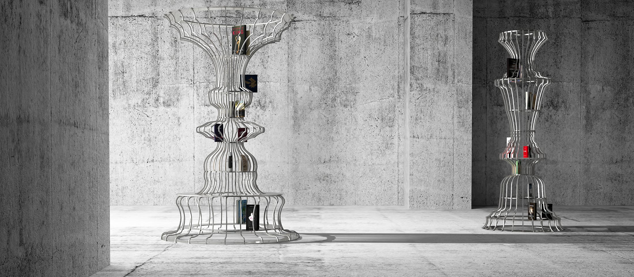 Contemporary artistic metal sculptures resembling large vases in a minimalist concrete gallery setting.