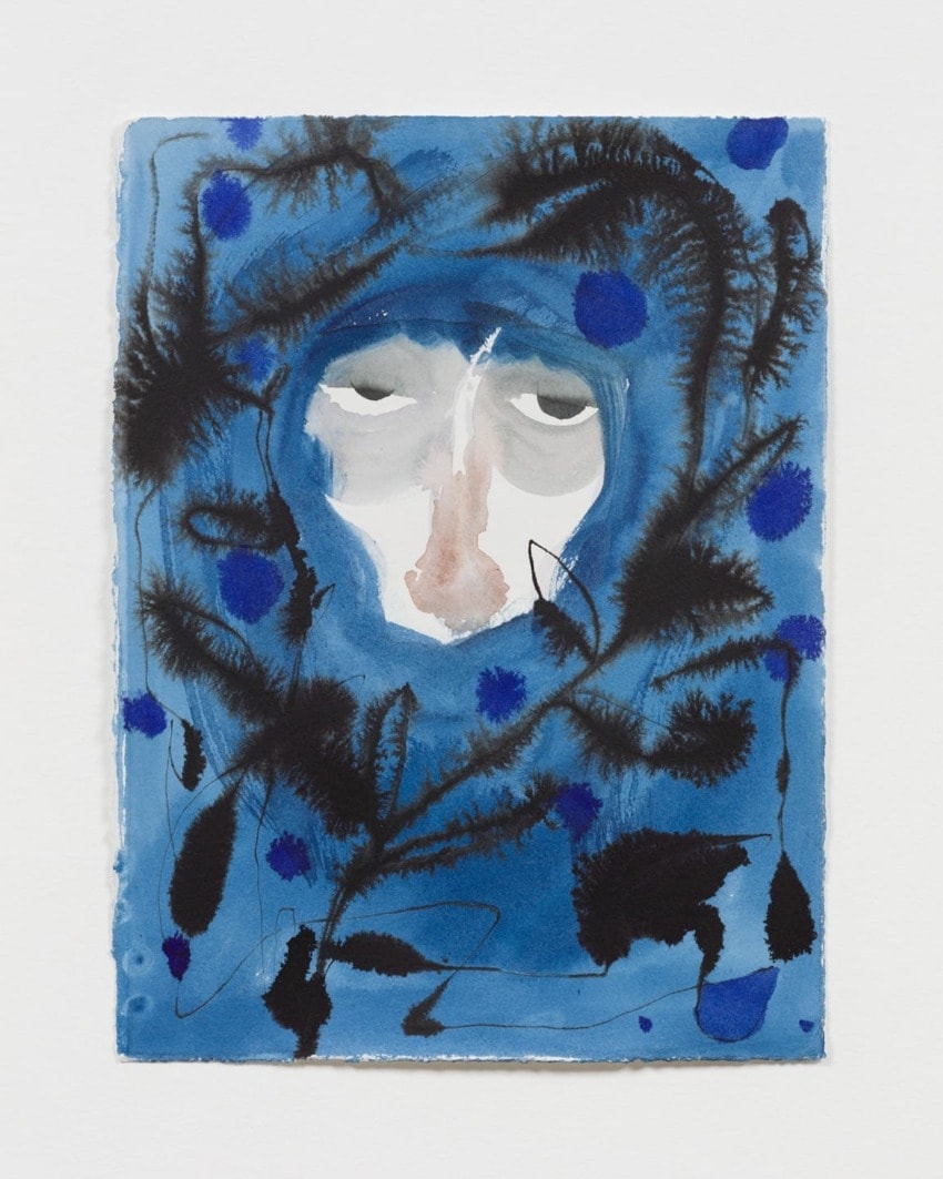 Abstract watercolor painting with a human face surrounded by blue hues and black ink patterns.