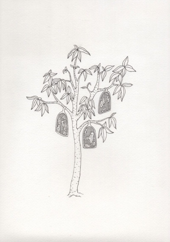Illustration of a tree with hanging birdcages containing small, intricate crosshatch designs, set on a plain background.
