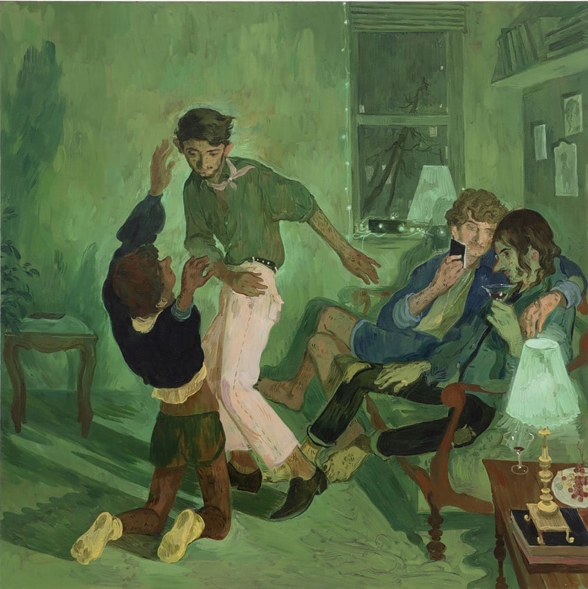 Four people indoors, two seated and two standing, engaging with smartphones in a warmly lit room with green tones.