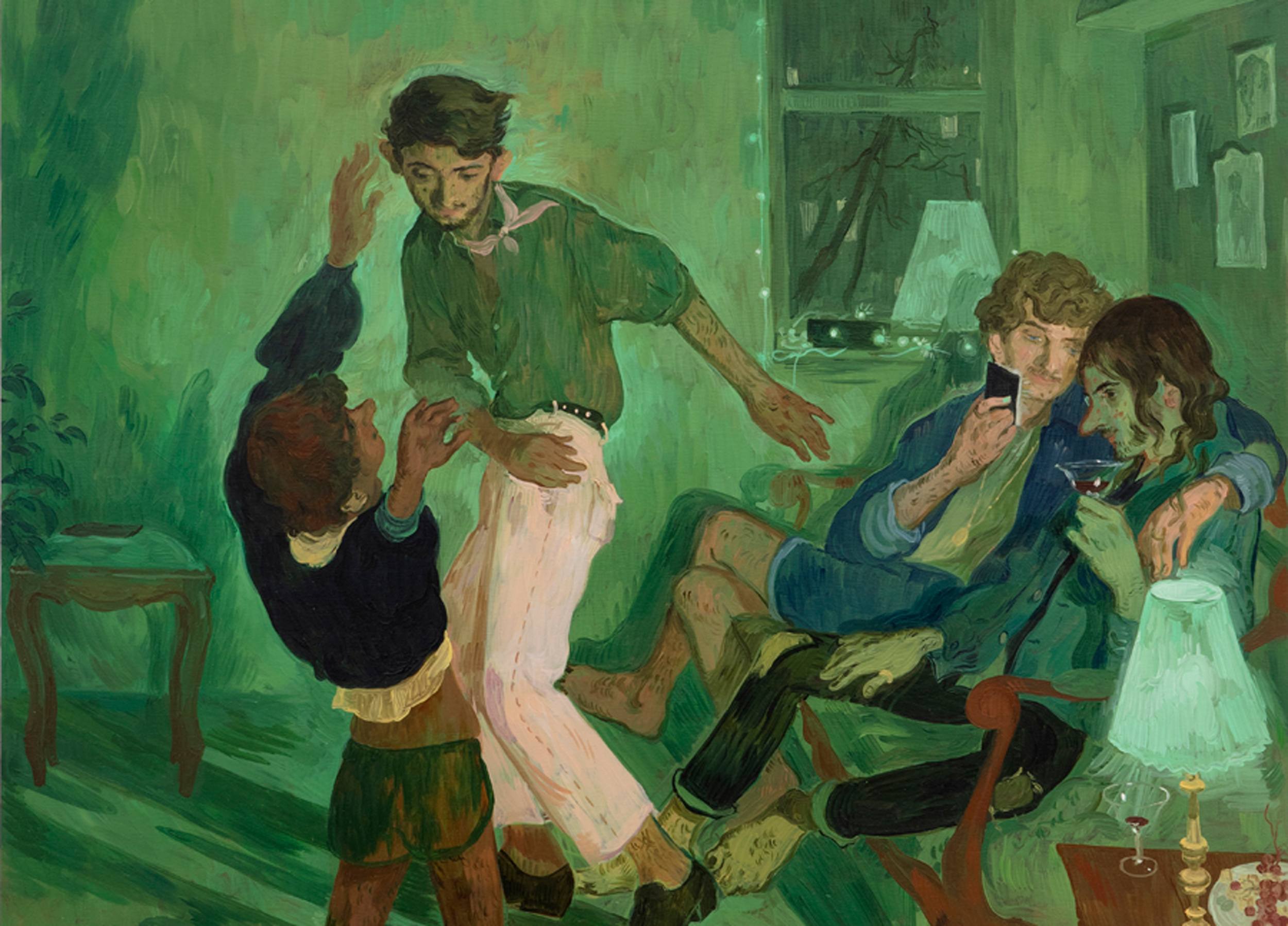 A group of people in a room with green lighting, one is dancing while others are sitting and engaged in conversation.