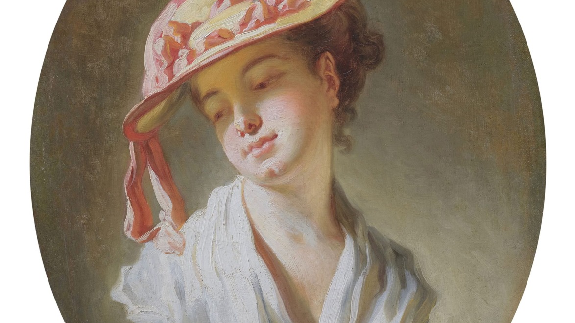 Painting of a young person wearing a wide-brimmed hat with ribbons, showing a gentle expression and a white blouse.