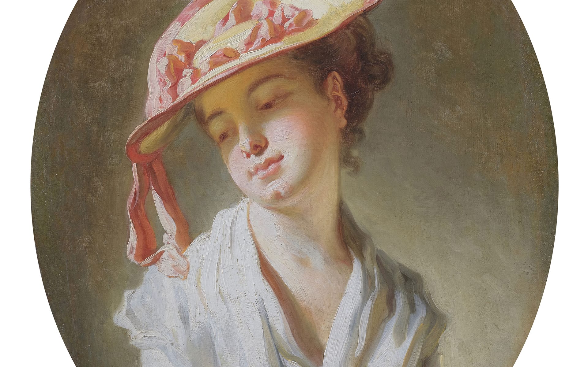 Painting of a young person wearing a wide-brimmed hat with ribbons, showing a gentle expression and a white blouse.