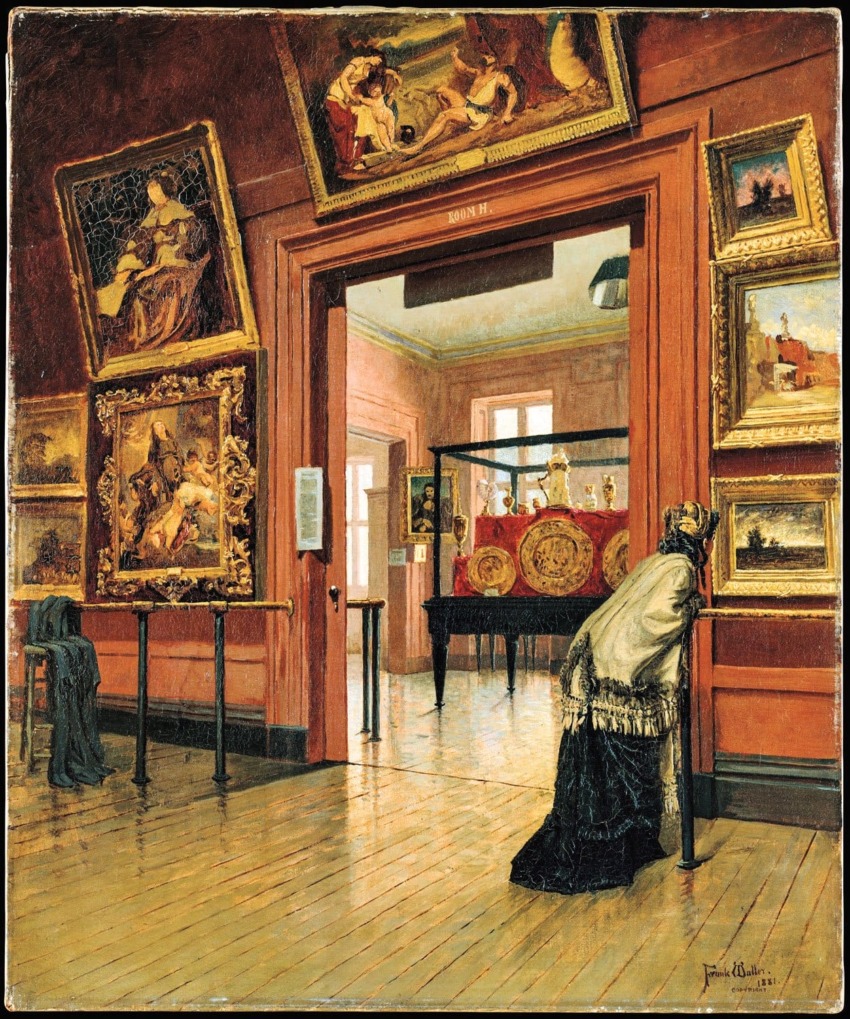 Woman in a museum gallery admiring artwork, with framed paintings on the walls and artifacts displayed on a table.