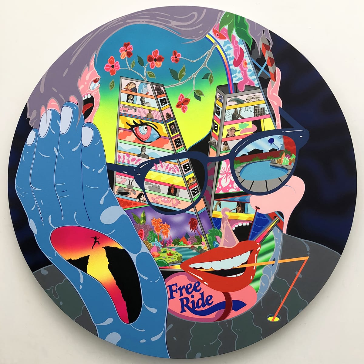 Colorful abstract painting featuring a face with vibrant patterns, landscapes, and surreal imagery including sunglasses and text.