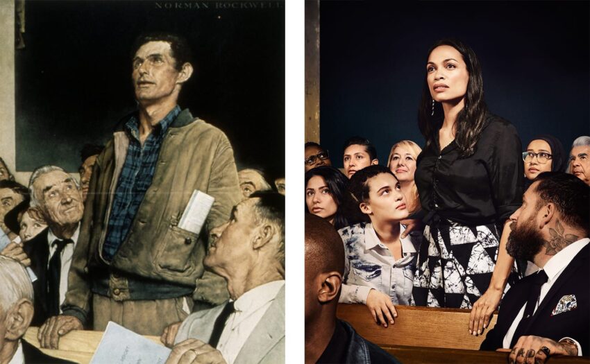 A group of diverse people standing in a formal setting, inspired by a classic painting of a man speaking in a crowd.