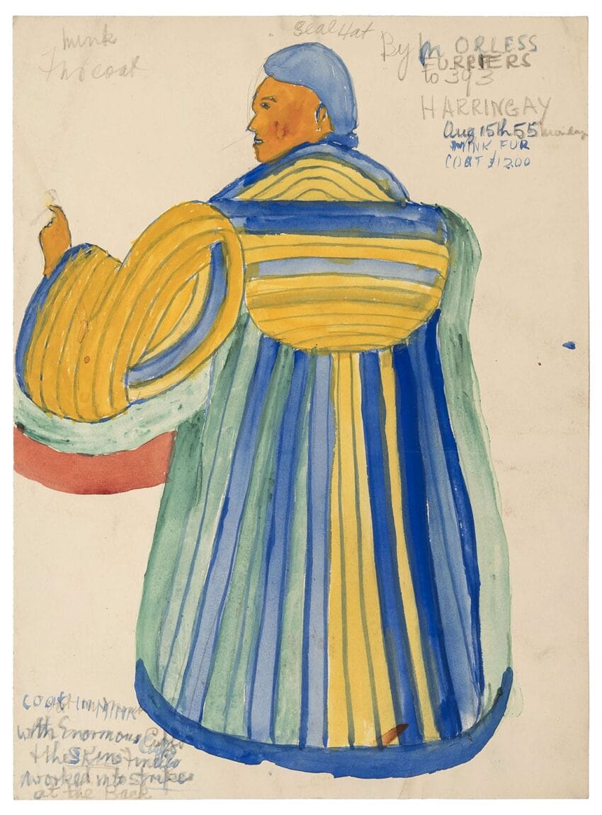 Abstract watercolor painting of a person wearing a long, striped coat with blue, yellow, and green hues. Handwritten text surrounds.