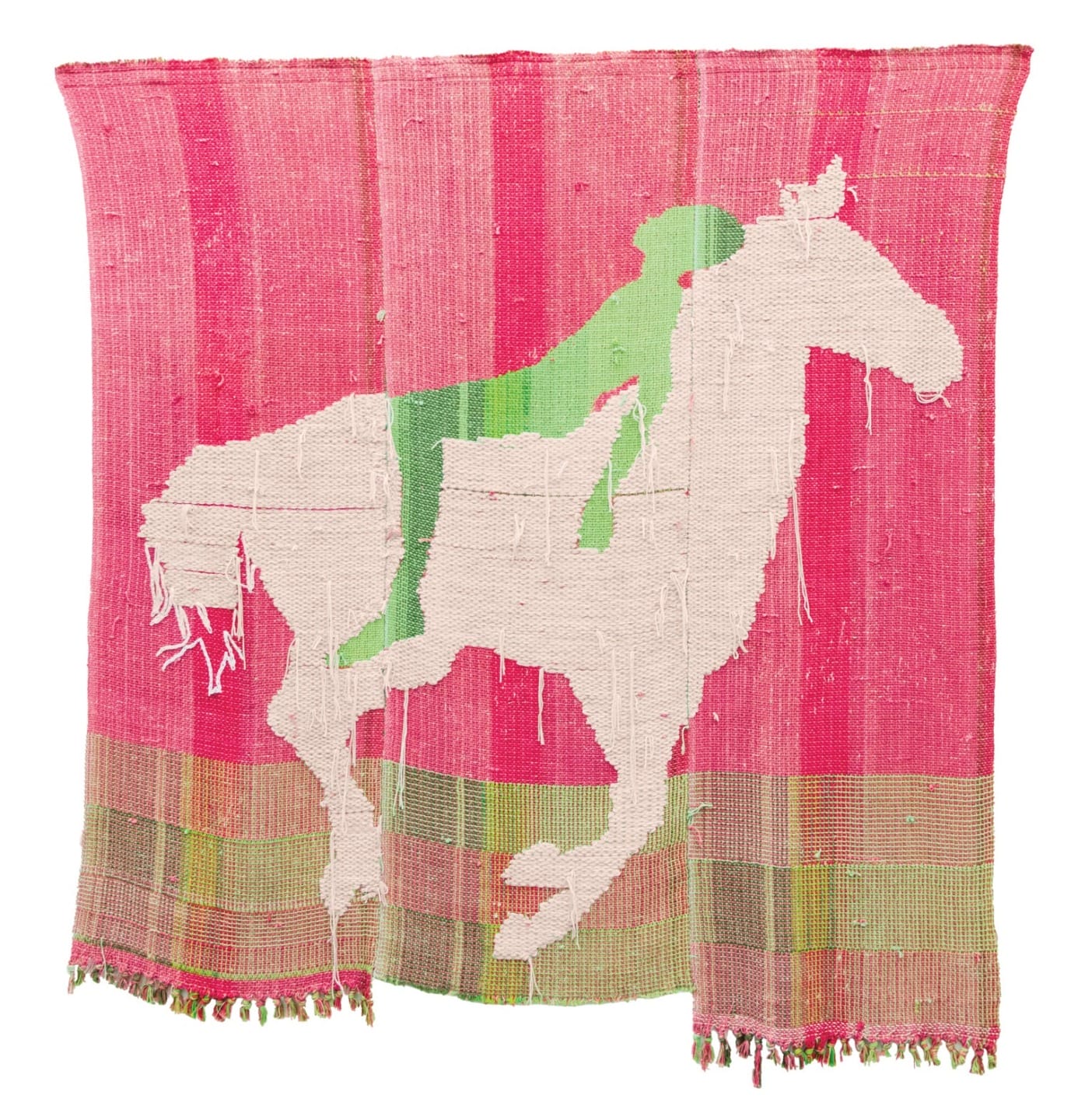 Woven textile art depicting a silhouette of a white horse with a green rider on a pink and red background.